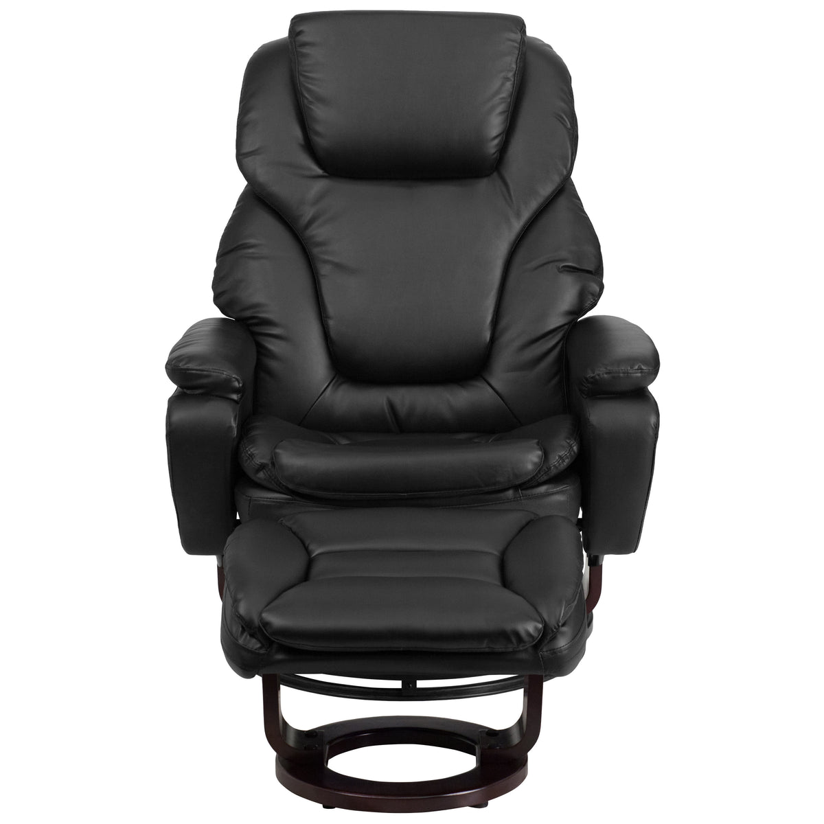 Black LeatherSoft |#| Black LeatherSoft Multi-Position Recliner & Ottoman w/ Swivel Mahogany Wood Base