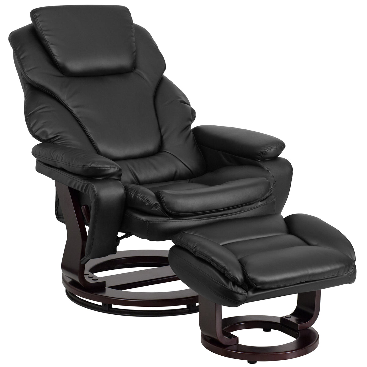 Black LeatherSoft |#| Black LeatherSoft Multi-Position Recliner & Ottoman w/ Swivel Mahogany Wood Base