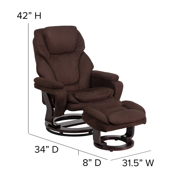 Brown Microfiber |#| Brown Microfiber Multi-Position Recliner and Ottoman with Mahogany Wood Base