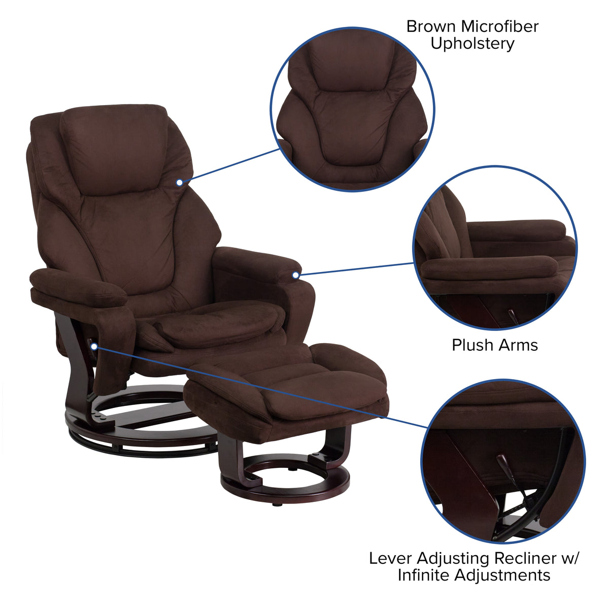 Brown Microfiber |#| Brown Microfiber Multi-Position Recliner and Ottoman with Mahogany Wood Base