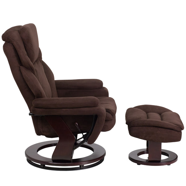 Brown Microfiber |#| Brown Microfiber Multi-Position Recliner and Ottoman with Mahogany Wood Base