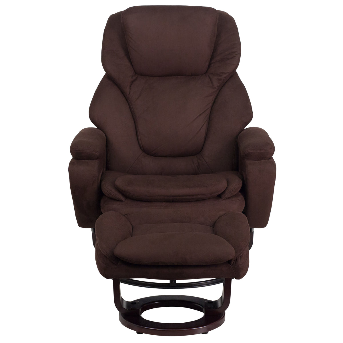 Brown Microfiber |#| Brown Microfiber Multi-Position Recliner and Ottoman with Mahogany Wood Base