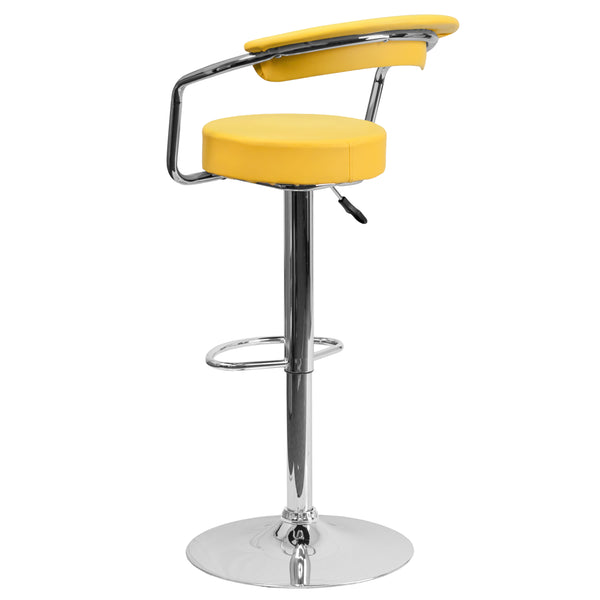 Yellow |#| Contemporary Yellow Vinyl Adjustable Height Barstool with Arms and Chrome Base