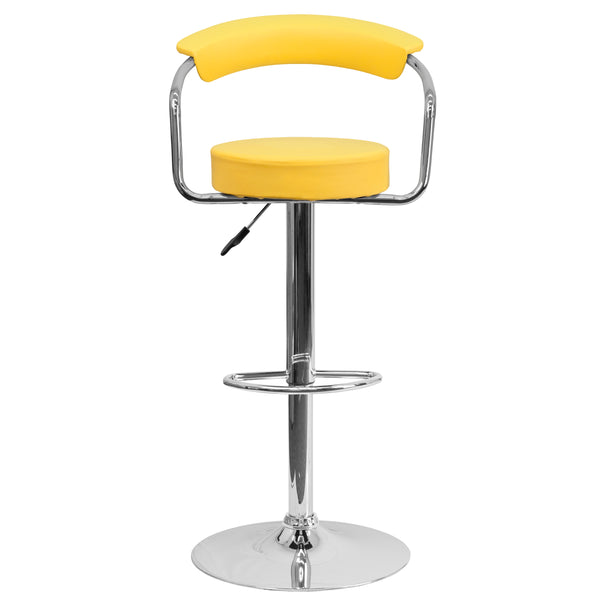 White |#| Contemporary White Vinyl Adjustable Height Barstool with Arms and Chrome Base