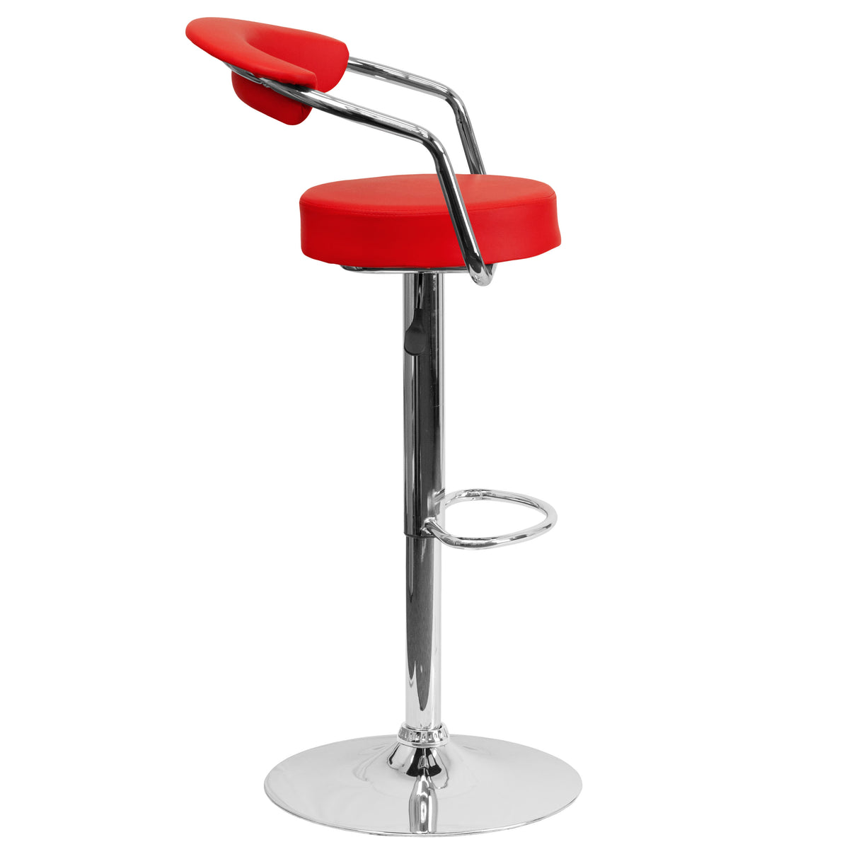 Red |#| Contemporary Red Vinyl Adjustable Height Barstool with Arms and Chrome Base