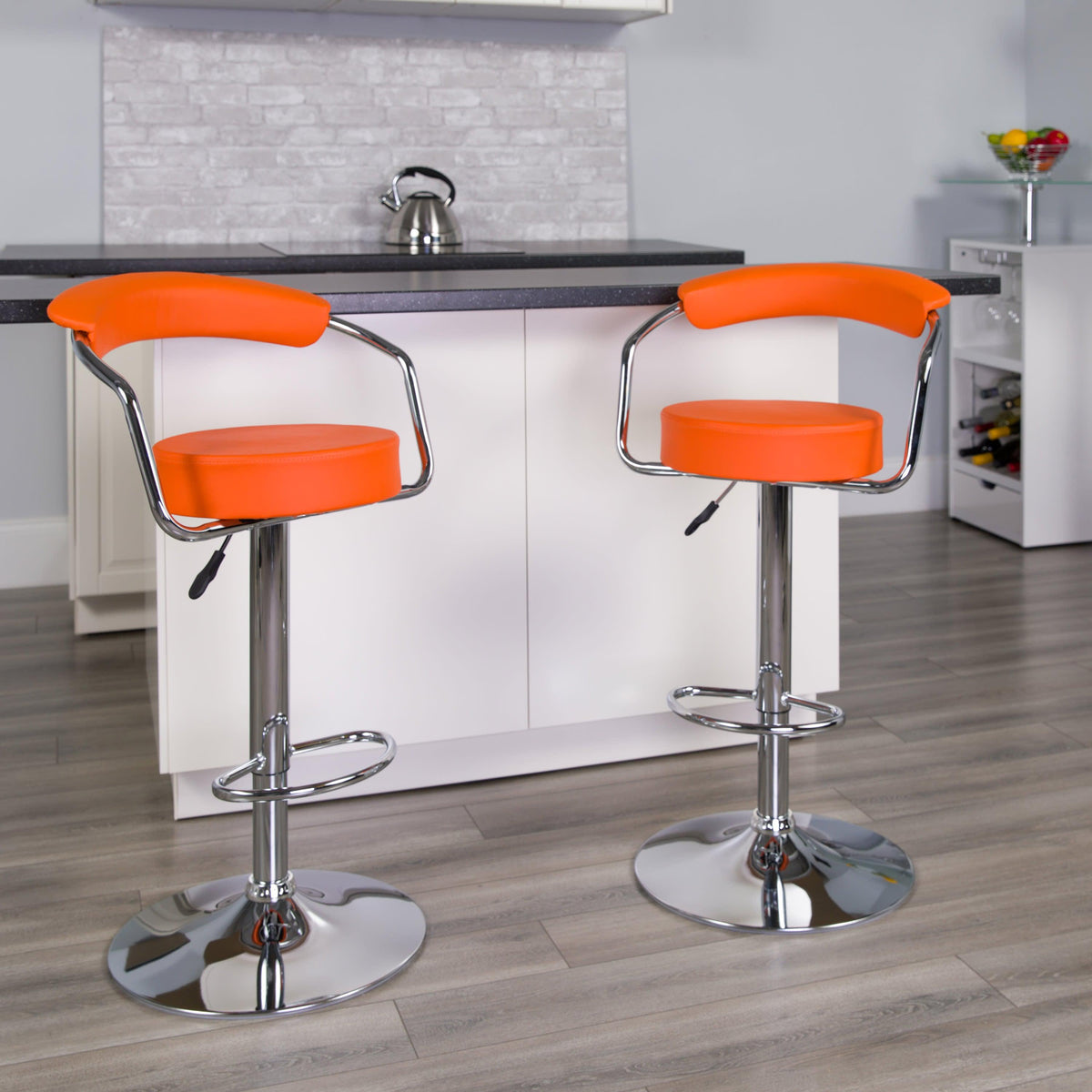Orange |#| Contemporary Orange Vinyl Adjustable Height Barstool with Arms and Chrome Base
