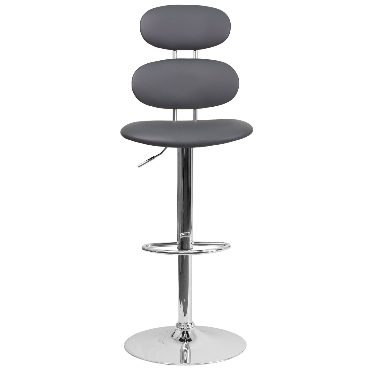 Gray |#| Contemporary Gray Vinyl Adjustable Barstool with Ellipse Back and Chrome Base