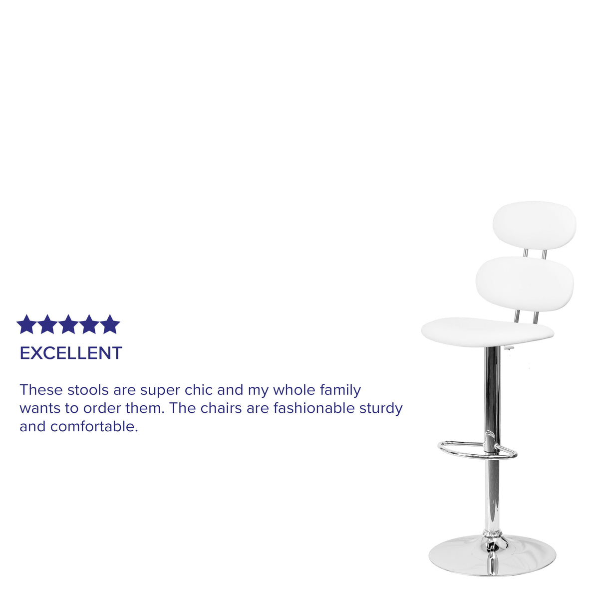 White |#| Contemporary White Vinyl Adjustable Barstool with Ellipse Back and Chrome Base