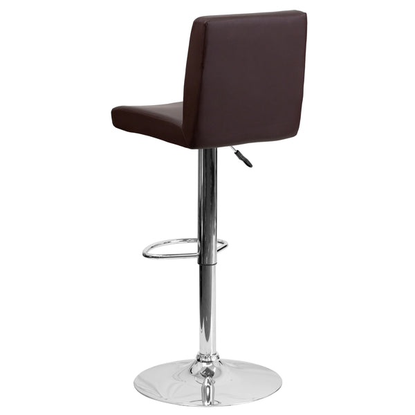 Brown |#| Brown Vinyl Adjustable Height Barstool with Panel Back and Chrome Base