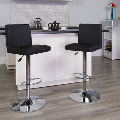 Contemporary Vinyl Adjustable Height Barstool with Panel Back and Chrome Base - View 2