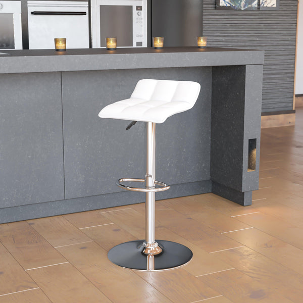 White |#| White Vinyl Adjustable Height Barstool with Quilted Wave Seat and Chrome Base