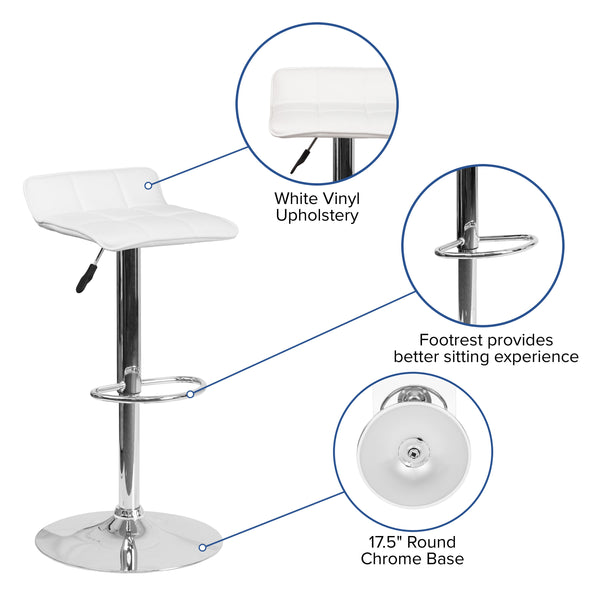 White |#| White Vinyl Adjustable Height Barstool with Quilted Wave Seat and Chrome Base