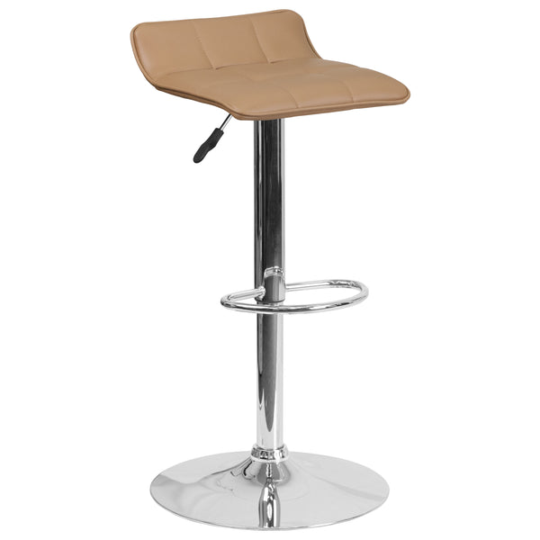 Cappuccino |#| Cappuccino Vinyl Adjustable Height Barstool with Quilted Wave Seat & Chrome Base