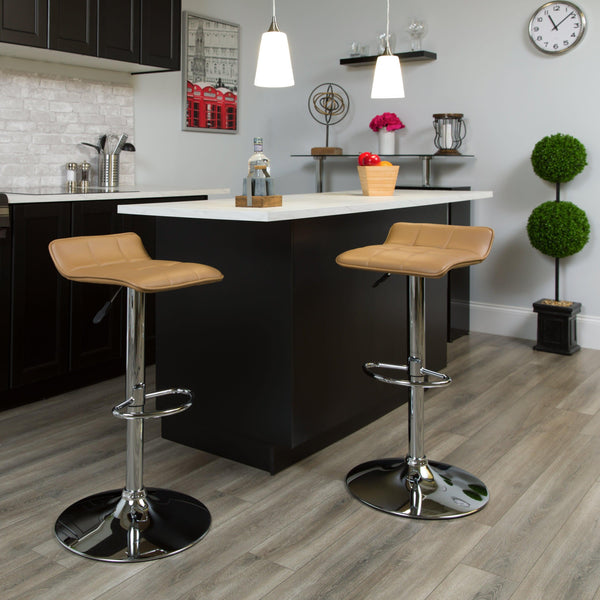 Cappuccino |#| Cappuccino Vinyl Adjustable Height Barstool with Quilted Wave Seat & Chrome Base