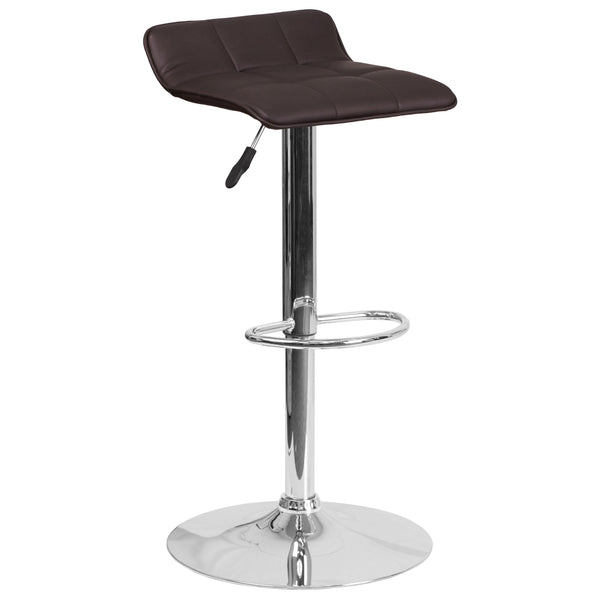 Brown |#| Brown Vinyl Adjustable Height Barstool with Quilted Wave Seat and Chrome Base