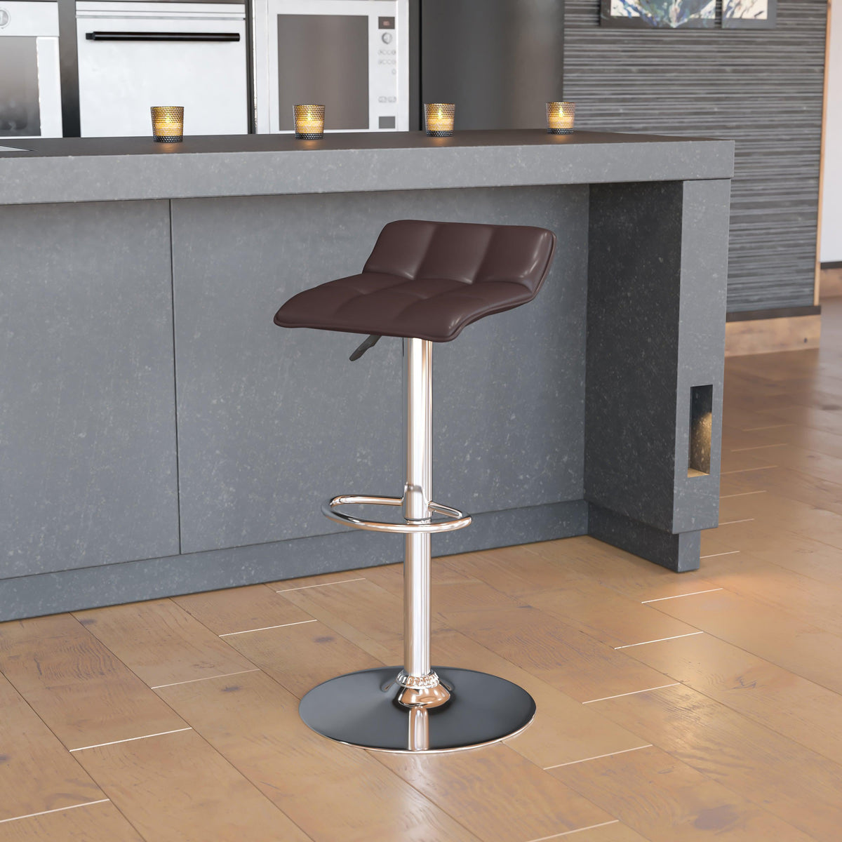 Brown |#| Brown Vinyl Adjustable Height Barstool with Quilted Wave Seat and Chrome Base