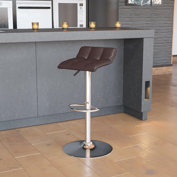 Brown |#| Brown Vinyl Adjustable Height Barstool with Quilted Wave Seat and Chrome Base