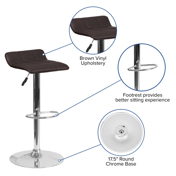 Brown |#| Brown Vinyl Adjustable Height Barstool with Quilted Wave Seat and Chrome Base