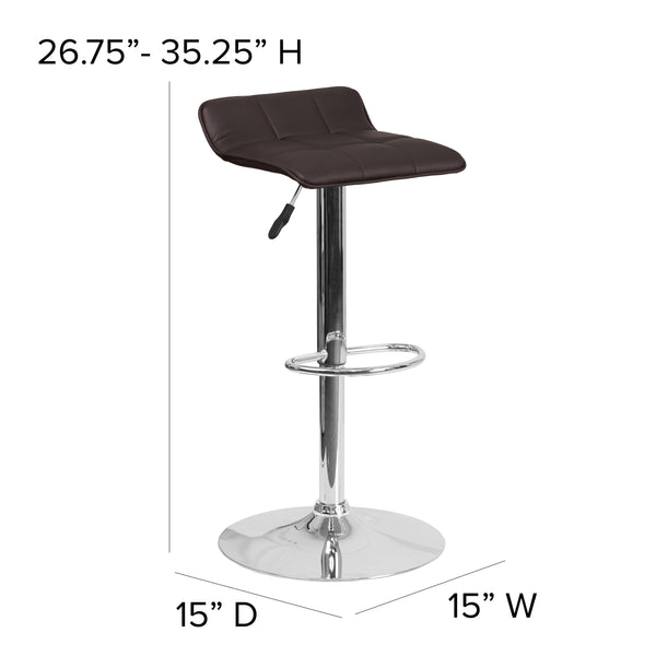 Brown |#| Brown Vinyl Adjustable Height Barstool with Quilted Wave Seat and Chrome Base
