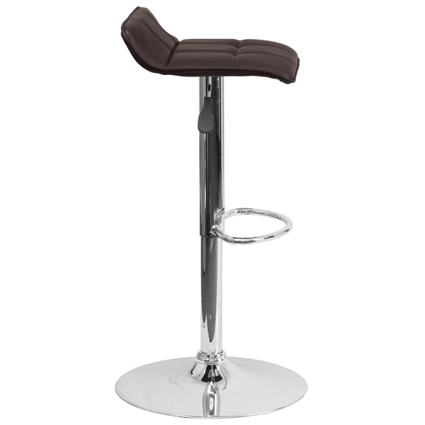 Brown |#| Brown Vinyl Adjustable Height Barstool with Quilted Wave Seat and Chrome Base