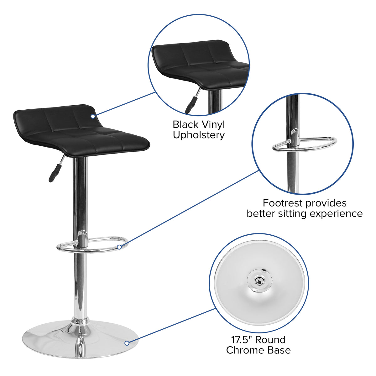 Black |#| Black Vinyl Adjustable Height Barstool with Quilted Wave Seat and Chrome Base