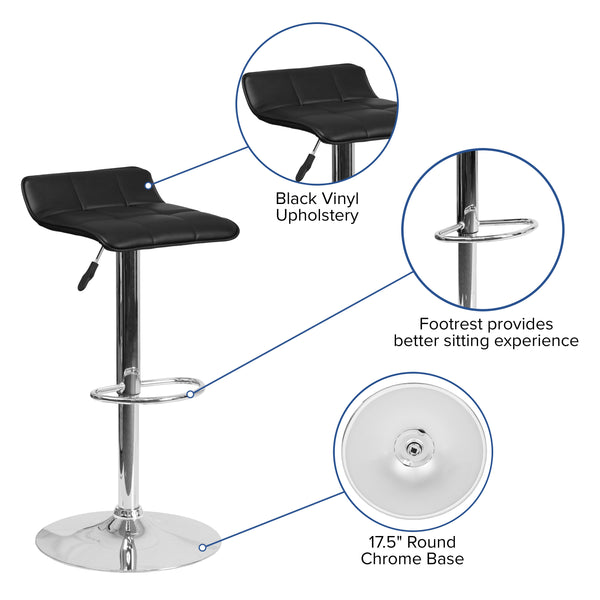 Black |#| Black Vinyl Adjustable Height Barstool with Quilted Wave Seat and Chrome Base