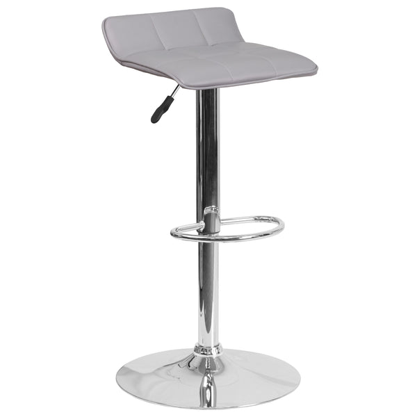 Gray |#| Gray Vinyl Adjustable Height Barstool with Quilted Wave Seat and Chrome Base