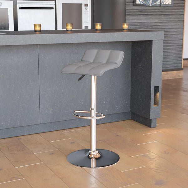 Gray |#| Gray Vinyl Adjustable Height Barstool with Quilted Wave Seat and Chrome Base