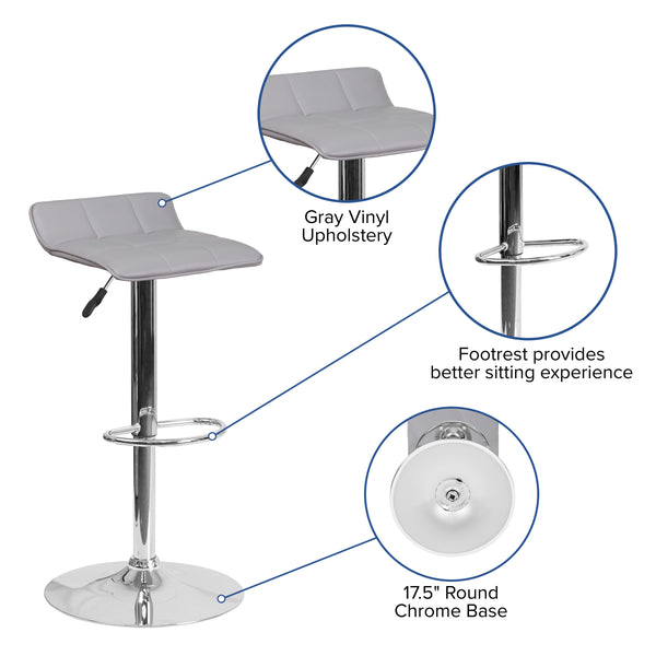 Gray |#| Gray Vinyl Adjustable Height Barstool with Quilted Wave Seat and Chrome Base