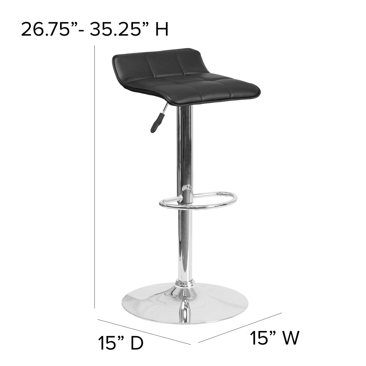 Black |#| Black Vinyl Adjustable Height Barstool with Quilted Wave Seat and Chrome Base