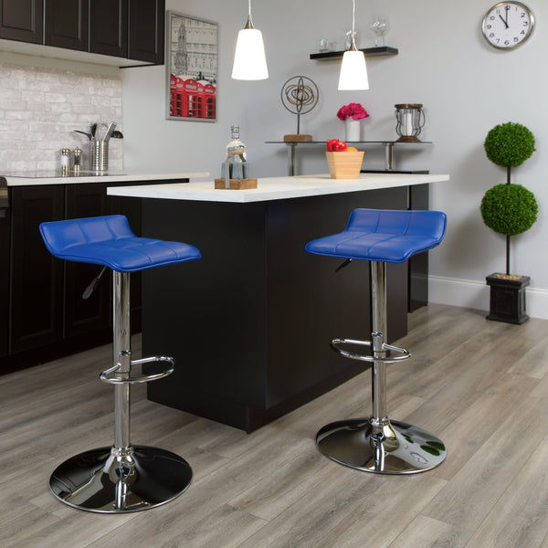 Blue |#| Blue Vinyl Adjustable Height Barstool with Quilted Wave Seat and Chrome Base