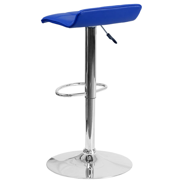 Blue |#| Blue Vinyl Adjustable Height Barstool with Quilted Wave Seat and Chrome Base