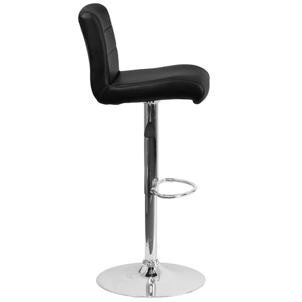 Black |#| Black Vinyl Adjustable Height Barstool with Rolled Seat and Chrome Base