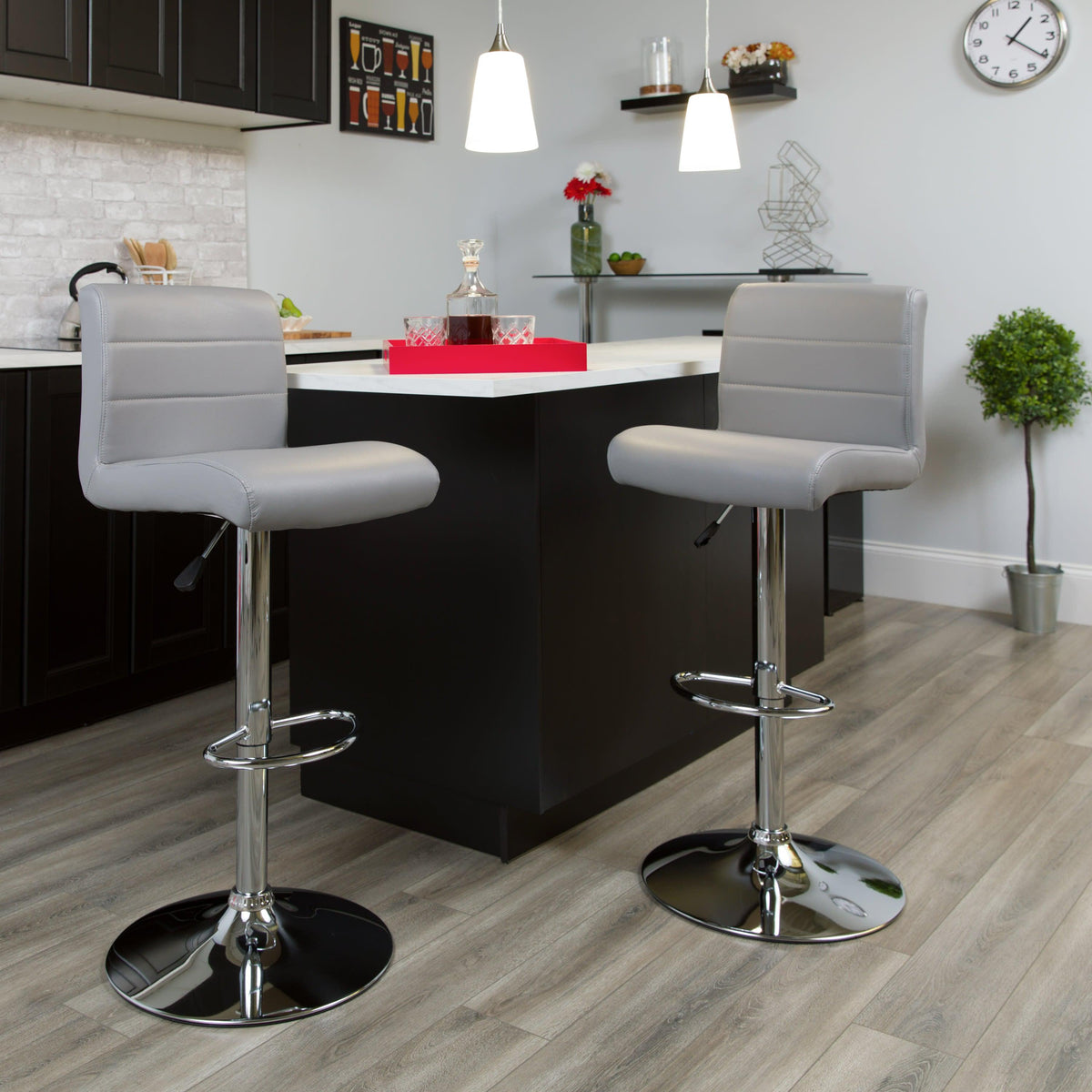 Gray |#| Gray Vinyl Adjustable Height Barstool with Rolled Seat and Chrome Base