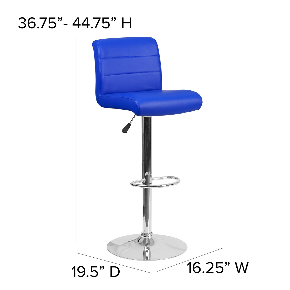 Blue |#| Blue Vinyl Adjustable Height Barstool with Rolled Seat and Chrome Base