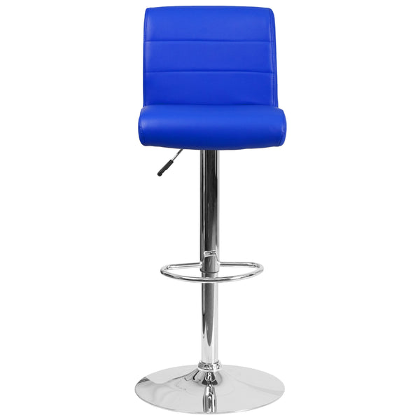 Blue |#| Blue Vinyl Adjustable Height Barstool with Rolled Seat and Chrome Base