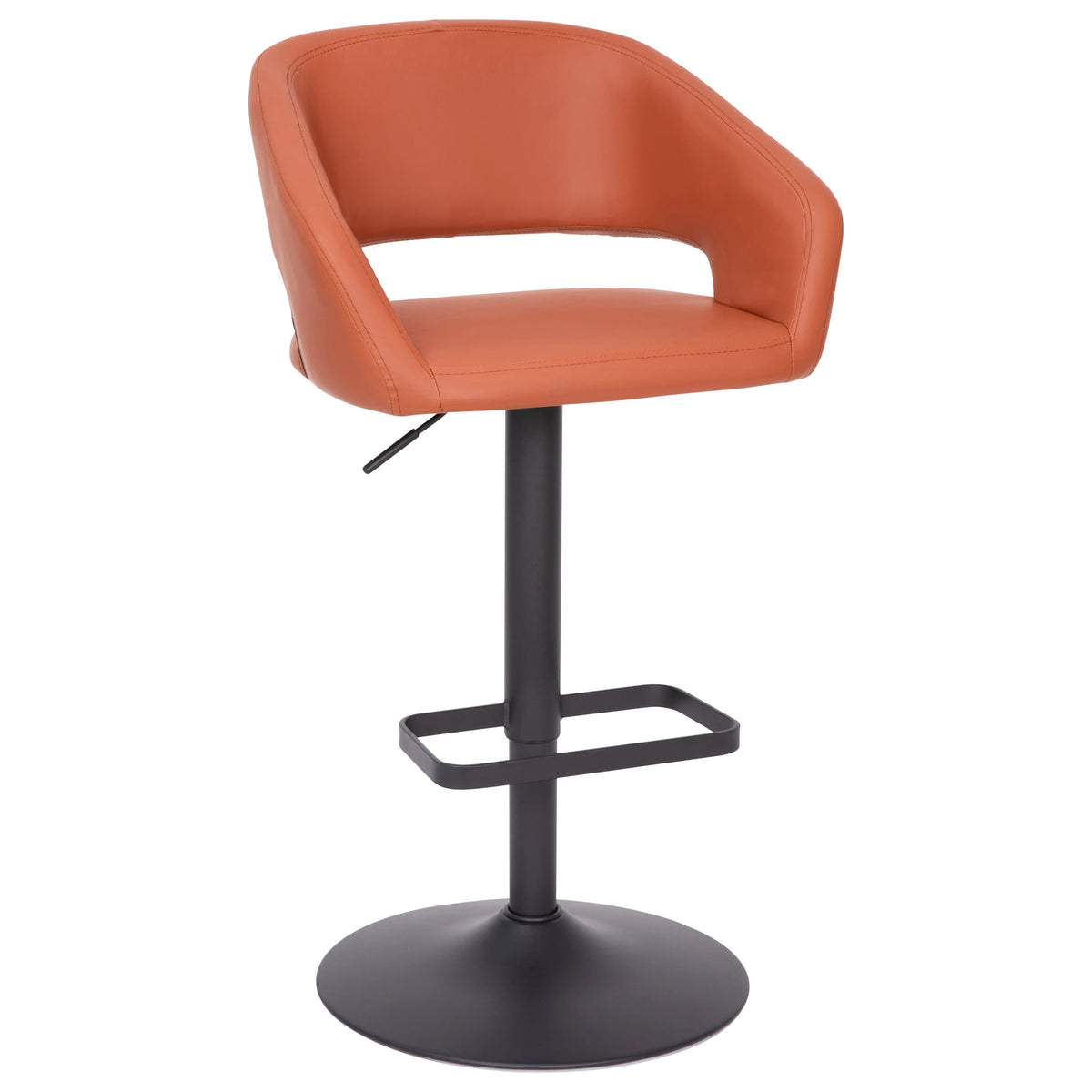 Cognac Vinyl/Black Frame |#| Cognac Vinyl Adjustable Height Barstool with Rounded Mid-Back and Black Base