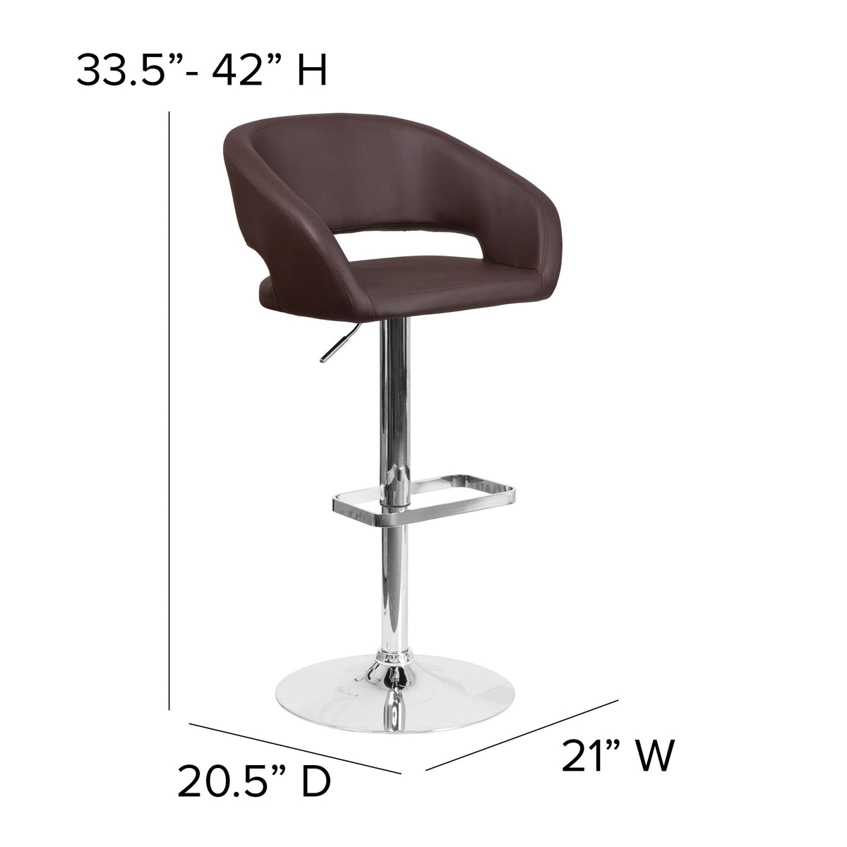 Brown Vinyl/Chrome Frame |#| Brown Vinyl Adjustable Height Barstool with Rounded Mid-Back and Chrome Base