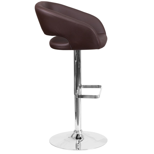 Brown Vinyl/Chrome Frame |#| Brown Vinyl Adjustable Height Barstool with Rounded Mid-Back and Chrome Base