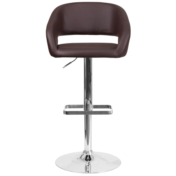 Brown Vinyl/Chrome Frame |#| Brown Vinyl Adjustable Height Barstool with Rounded Mid-Back and Chrome Base