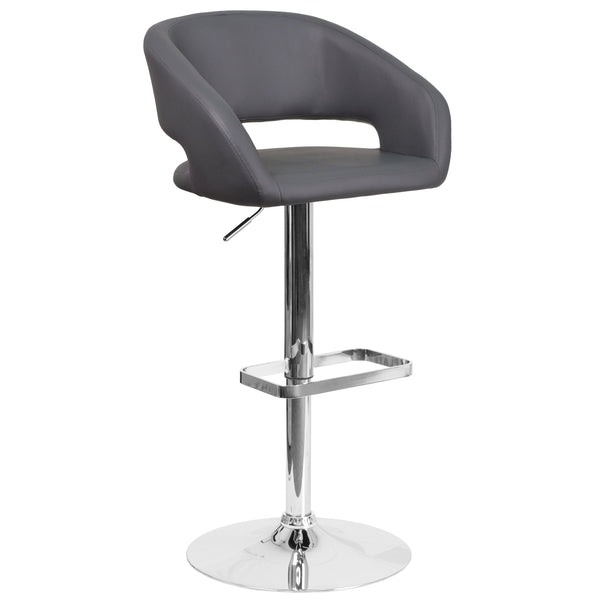 Gray Vinyl/Chrome Frame |#| Gray Vinyl Adjustable Height Barstool with Rounded Mid-Back and Chrome Base