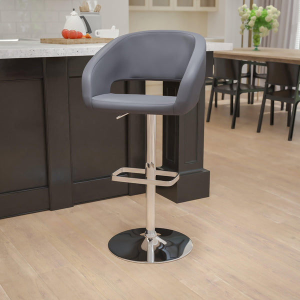 Gray Vinyl/Chrome Frame |#| Gray Vinyl Adjustable Height Barstool with Rounded Mid-Back and Chrome Base