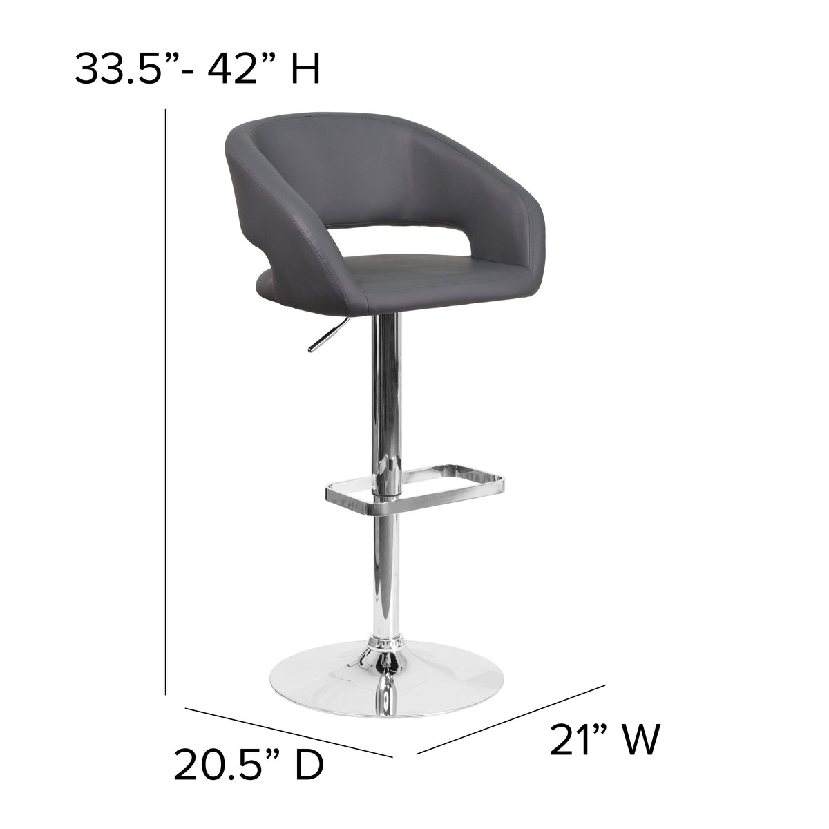 Gray Vinyl/Chrome Frame |#| Gray Vinyl Adjustable Height Barstool with Rounded Mid-Back and Chrome Base