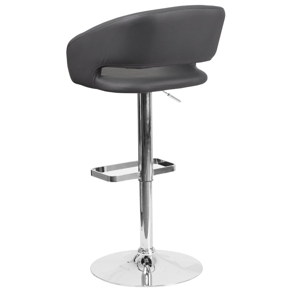 Gray Vinyl/Chrome Frame |#| Gray Vinyl Adjustable Height Barstool with Rounded Mid-Back and Chrome Base