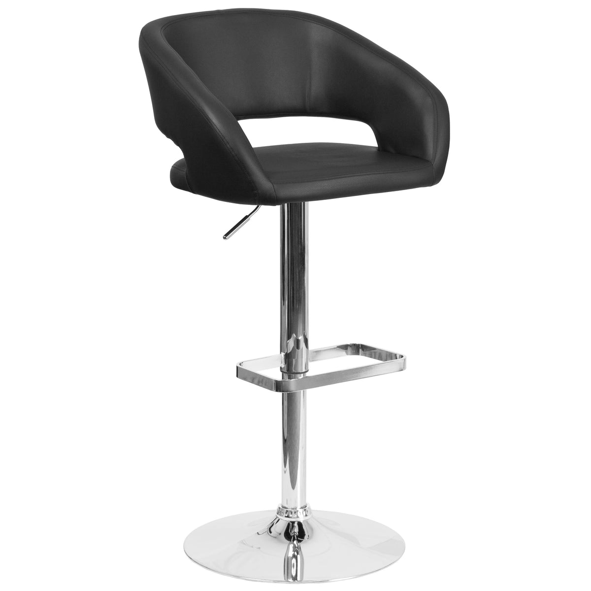 Black Vinyl/Chrome Frame |#| Black Vinyl Adjustable Height Barstool with Rounded Mid-Back and Chrome Base