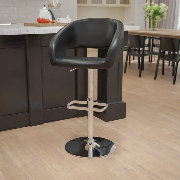 Black Vinyl/Chrome Frame |#| Black Vinyl Adjustable Height Barstool with Rounded Mid-Back and Chrome Base