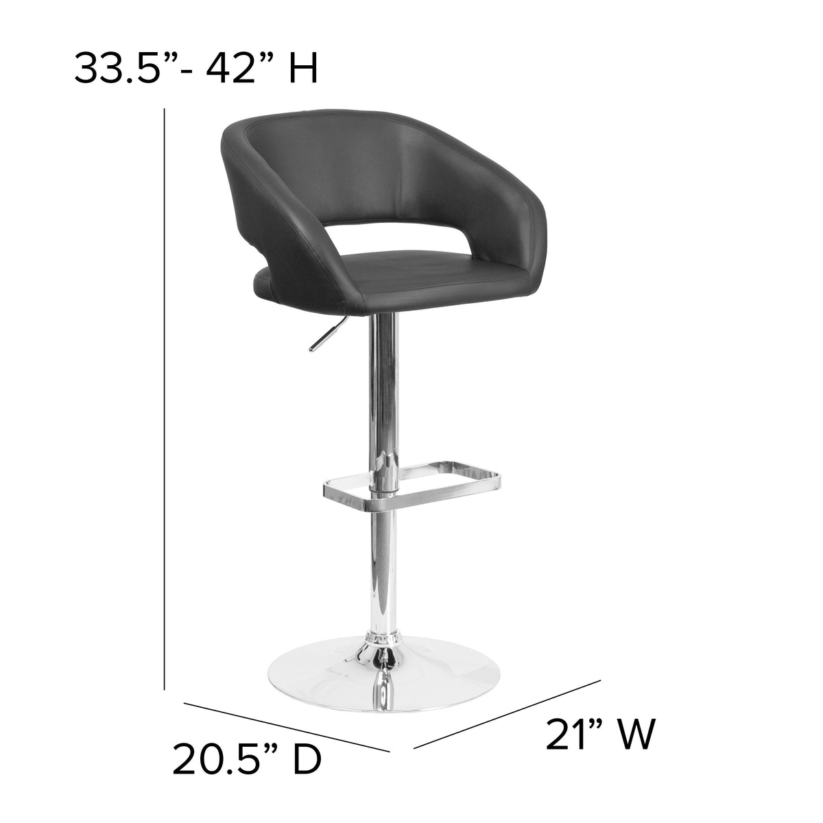 Black Vinyl/Chrome Frame |#| Black Vinyl Adjustable Height Barstool with Rounded Mid-Back and Chrome Base