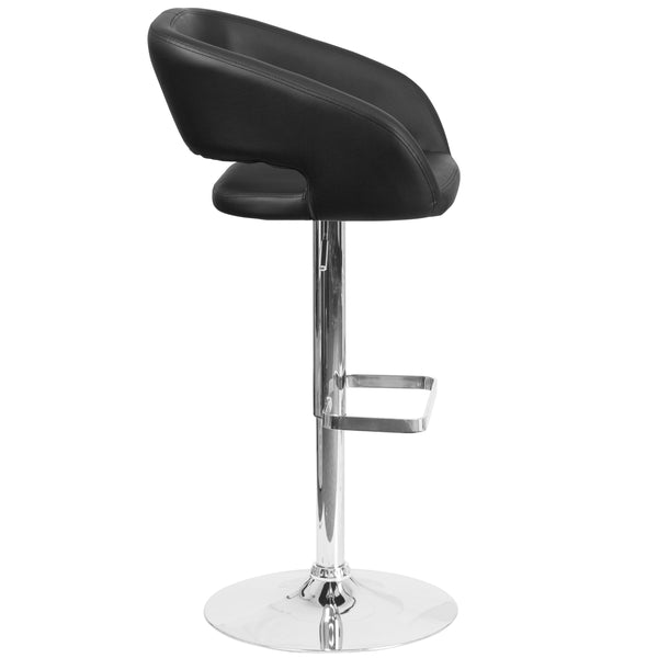 Black Vinyl/Chrome Frame |#| Black Vinyl Adjustable Height Barstool with Rounded Mid-Back and Chrome Base