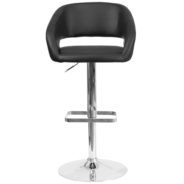 Black Vinyl/Chrome Frame |#| Black Vinyl Adjustable Height Barstool with Rounded Mid-Back and Chrome Base