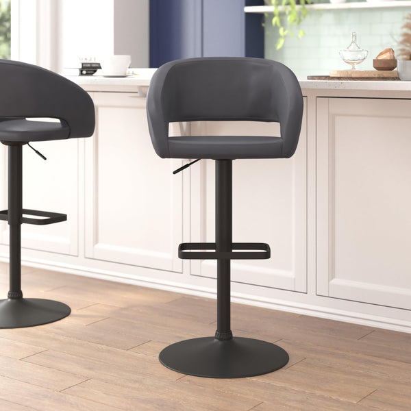 Gray Vinyl/Black Frame |#| Gray Vinyl Adjustable Height Barstool with Rounded Mid-Back and Black Base